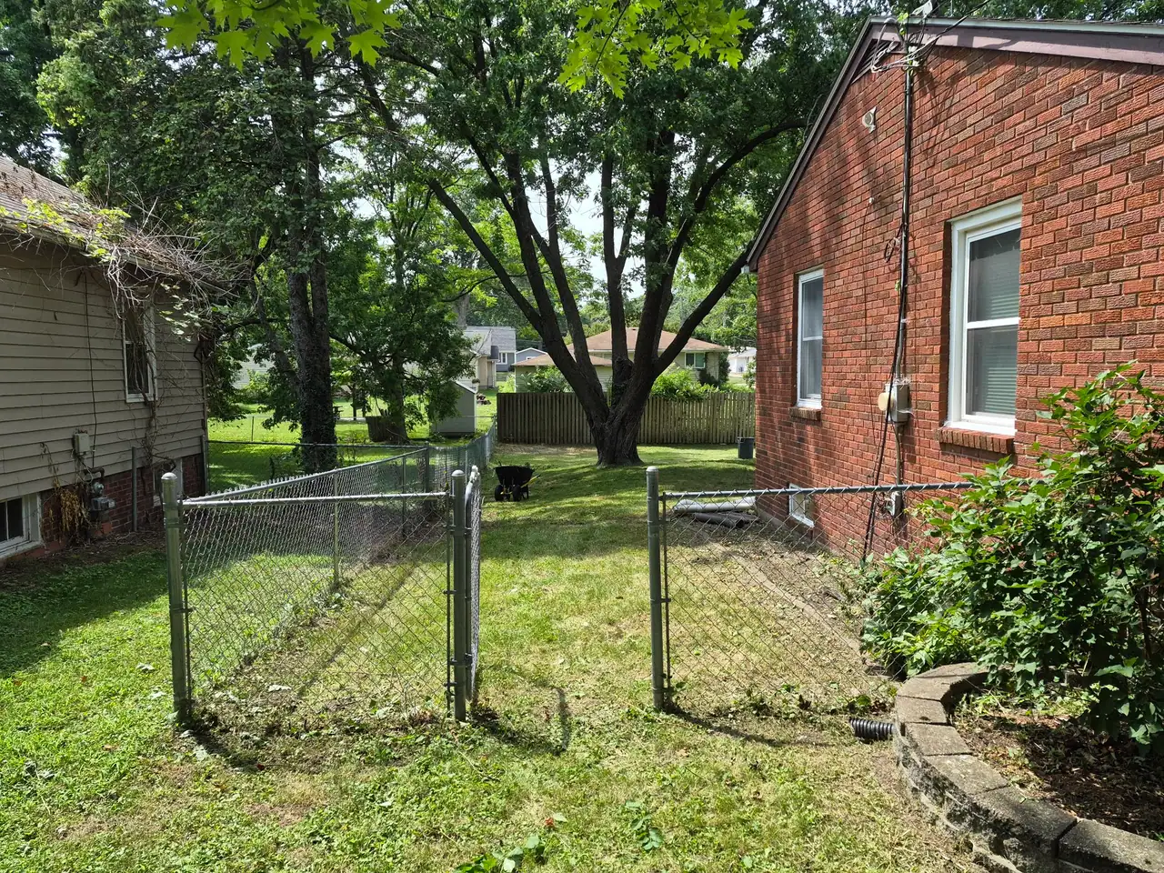 The same Des Moines backyard after cleanup, ivy stripped off the brick wall, gate clear and the grass cut